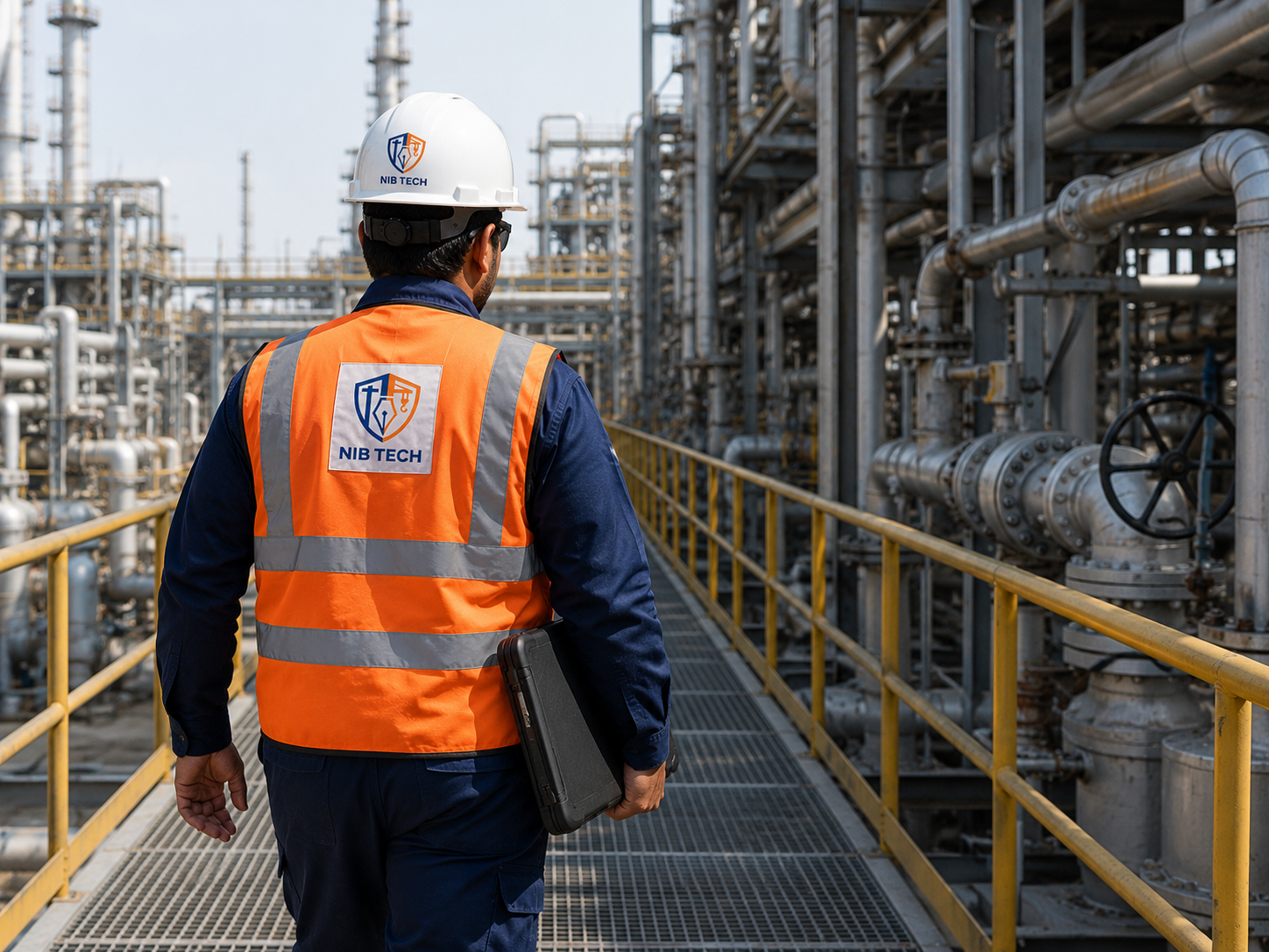 NIBTECH inspector walking through an industrial plant pipe corridor