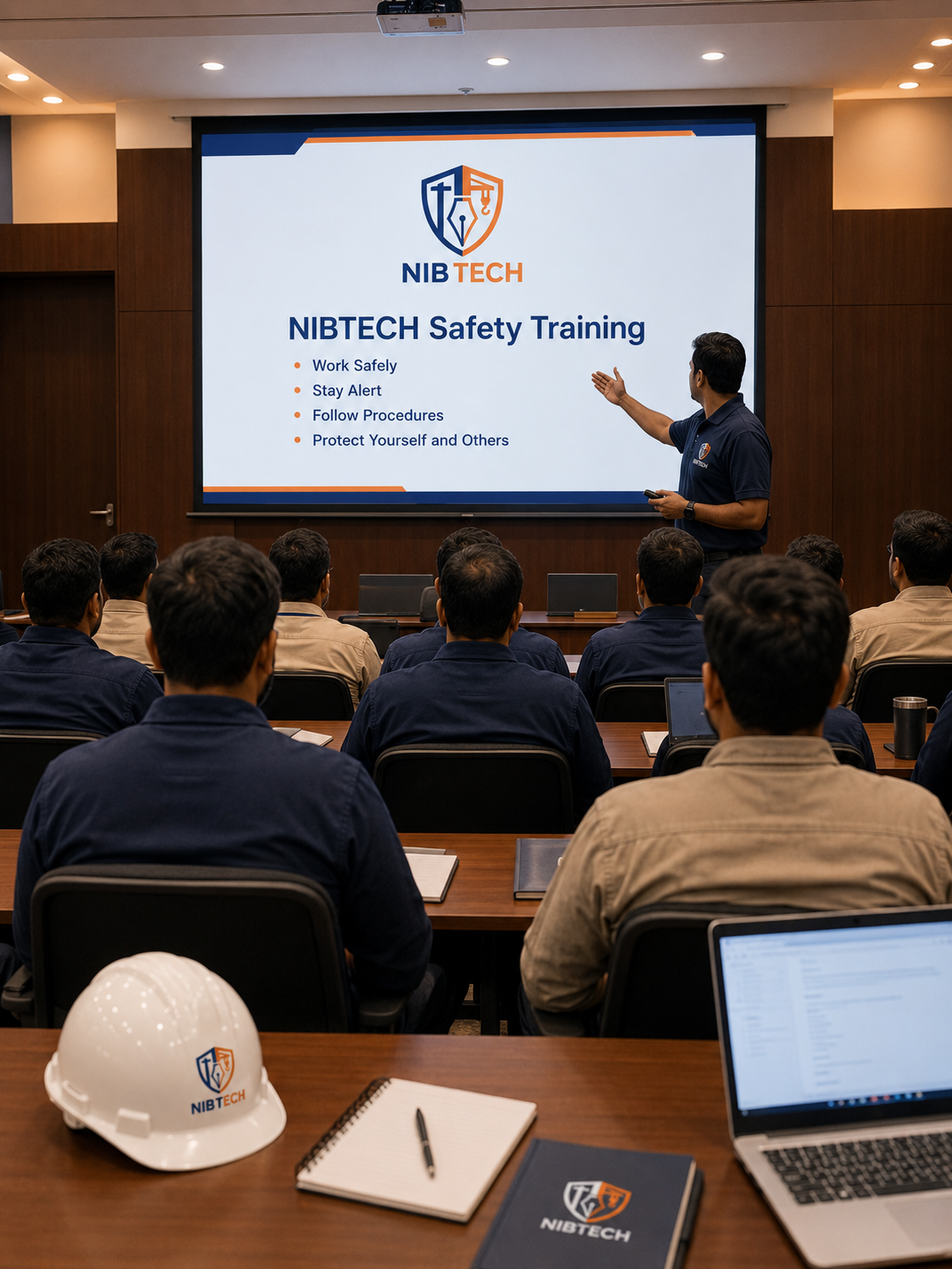 NIBTECH safety training session in an auditorium, trainer presenting to seated attendees