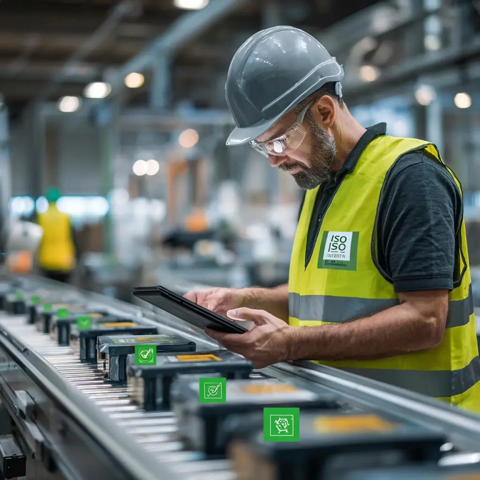 Auditor with a tablet reviewing a production line during a certification readiness assessment
